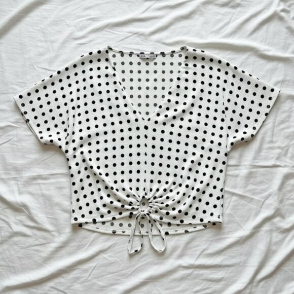 Zara Polka Dot Front Tie Blouse M – V-Neck Cropped Summer Top - Picture 6 of 13
